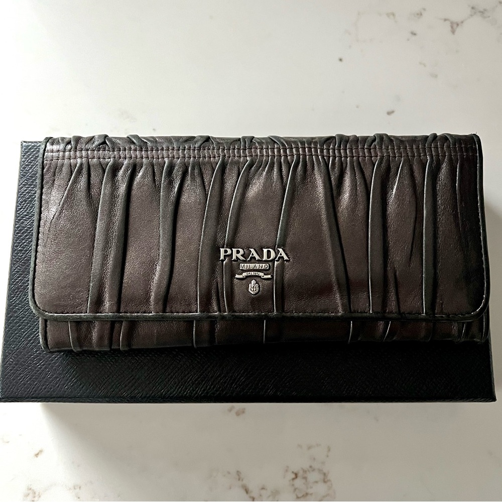 Prada Gaufre Long Leather Wallet Metallic Brown
